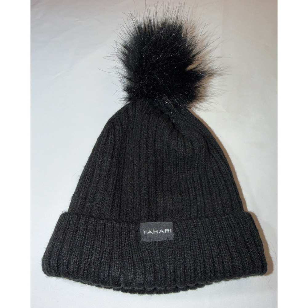 Tahari Black Beanie Hat Knit Pom Pom Beanie One Size Soft Fleece Inside